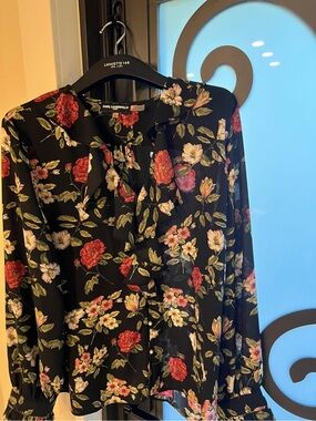 Karl Lagerfeld Black Floral Collared Blouse with Red and Cream Blooms